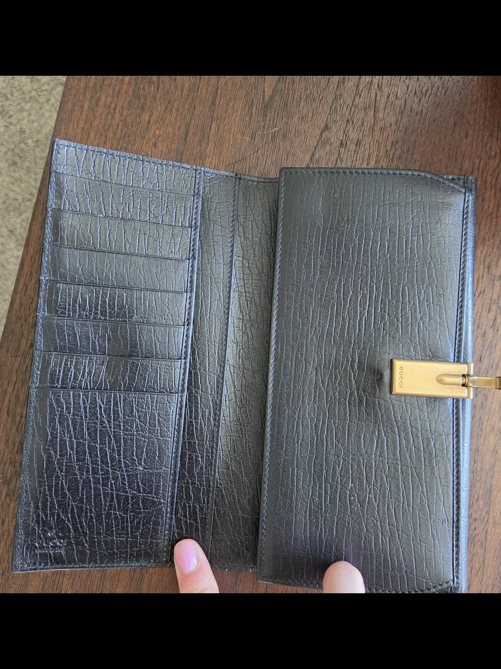Gucci Black Leather Long Wallet with Gold-Tone Clasp